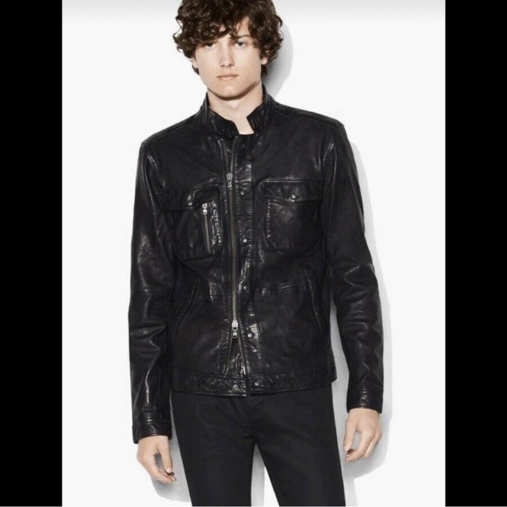 JOHN VARVATOS Black Washed Leather Jacket Size XL